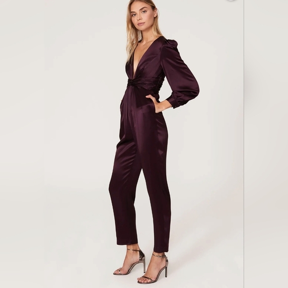 Mac Duggal Elegant Deep Purple/ Plum Plunge Neckline Satin Long Sleeve Jumpsuit - Picture 1 of 16